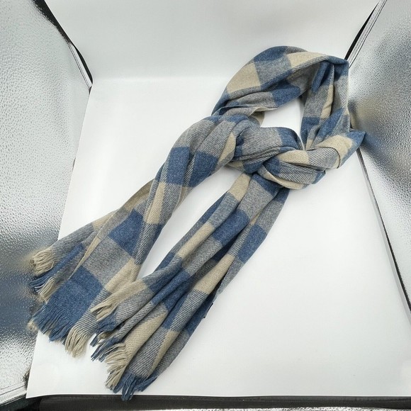 Unisex Fringe Scarf Blue Beige Viscose Plaid Long Rectangular 82 X 24.5 Inches - Picture 3 of 11